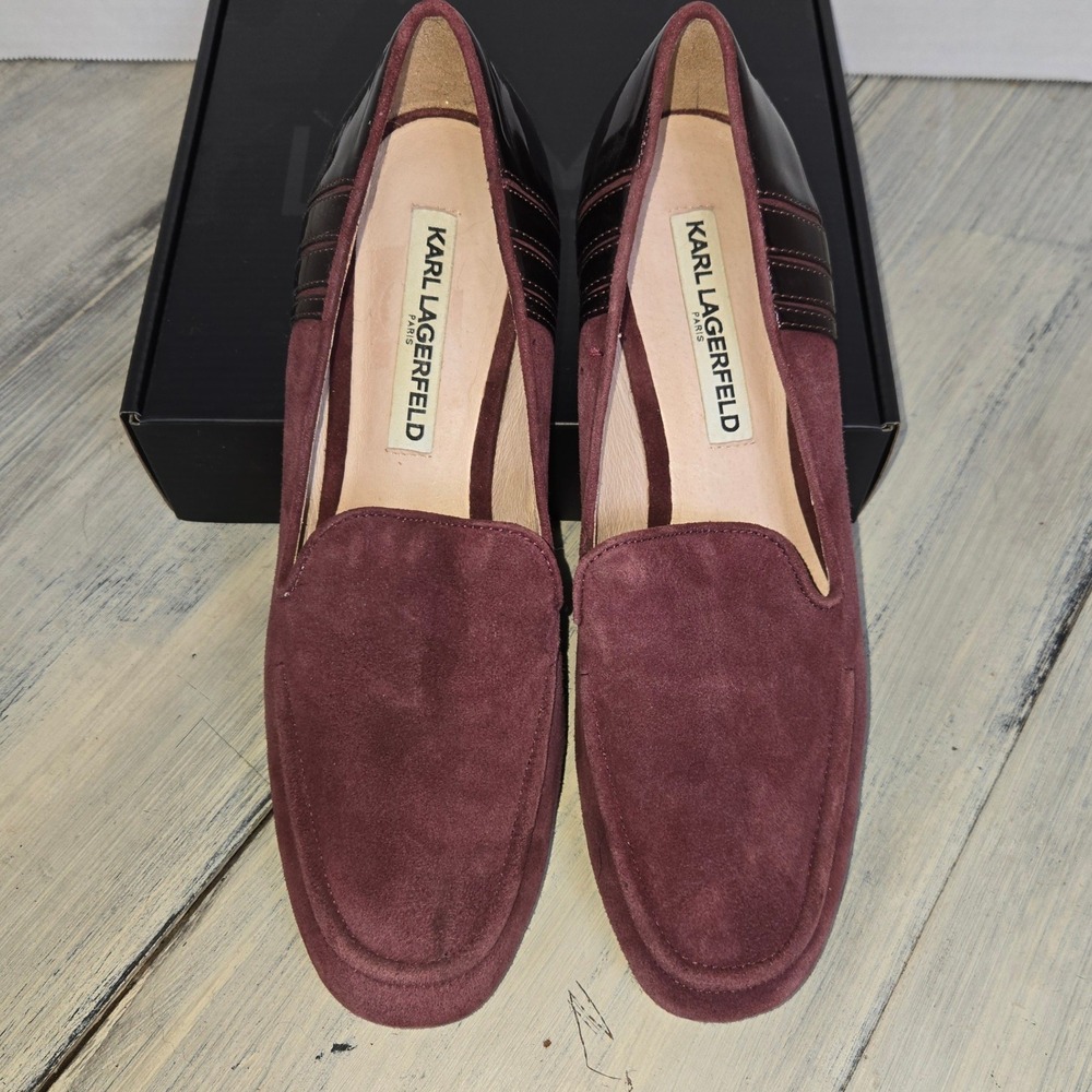 Karl Lagerfeld Burgundy Suede‎ Patent Leather Trim Loafers Women Size 8